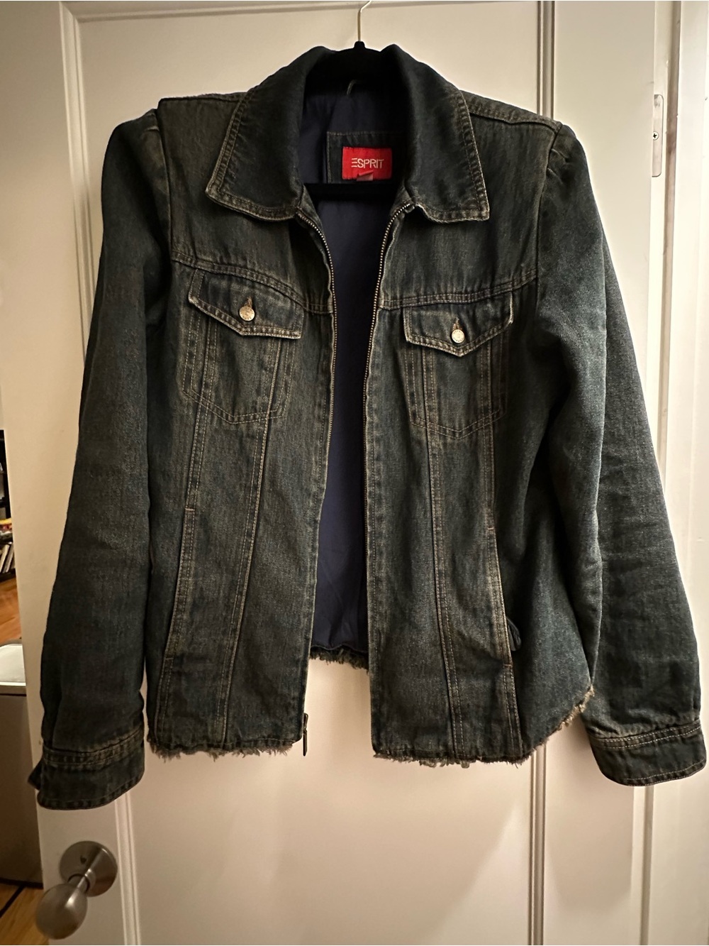 Vintage Y2K Esprit Women's Blue Denim Jacket with Frayed Hem